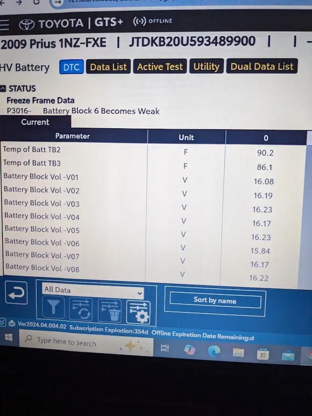 Toyota Prius hybrid battery block scan data on a diagnostic tool