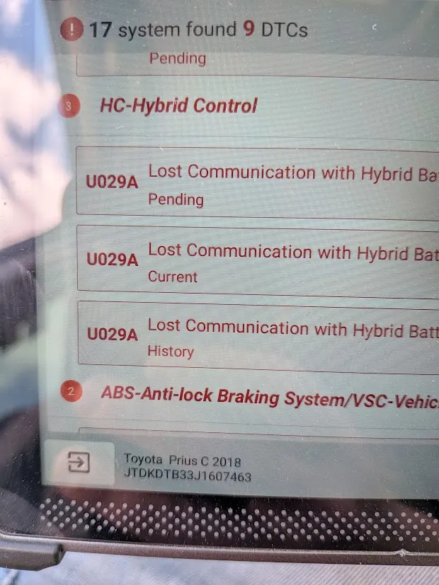 Toyota hybrid control communication codes on a diagnostic scan tool